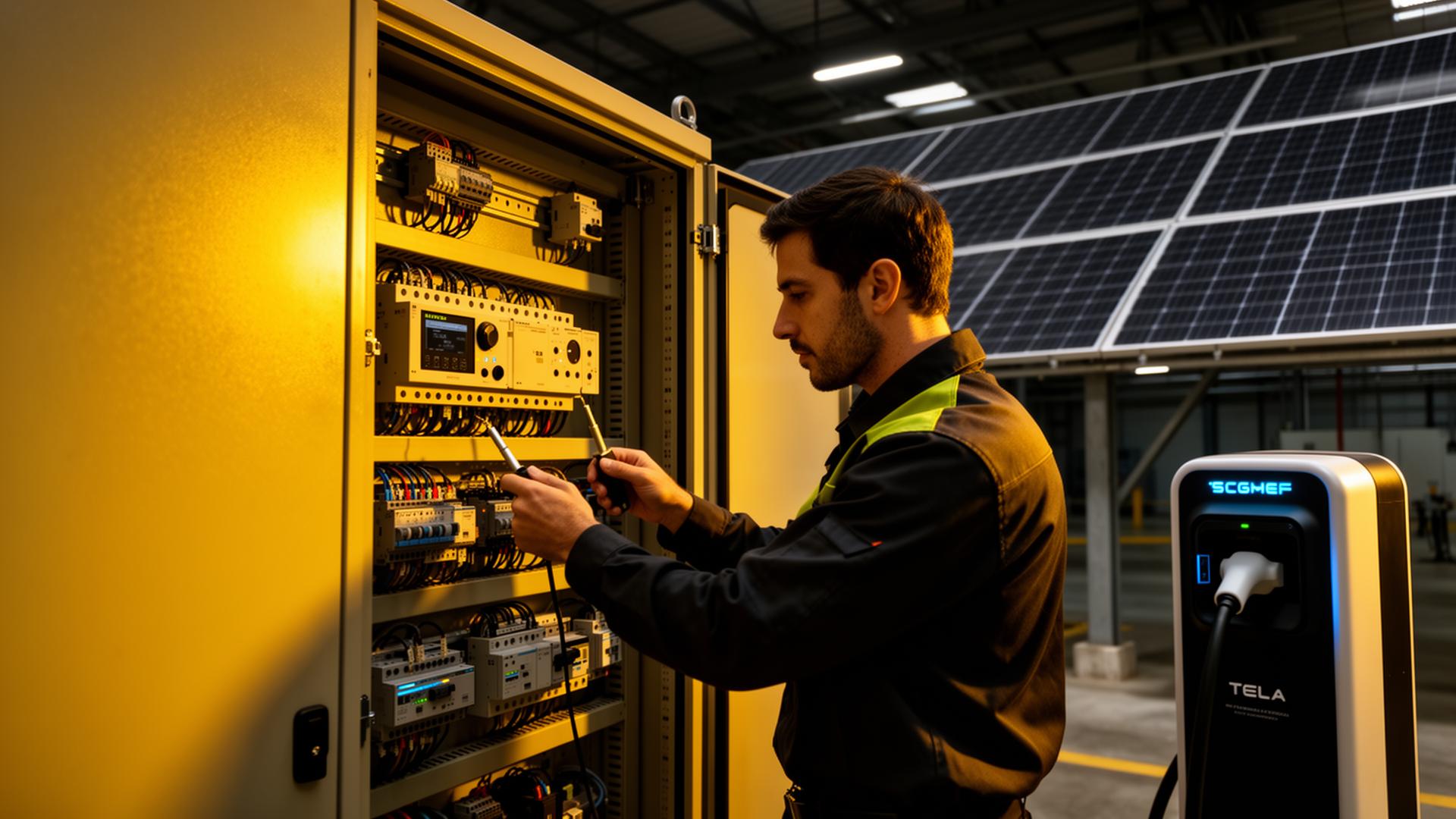 Engenheiro eletricista trabalhando em painel industrial com energia solar e eletroposto